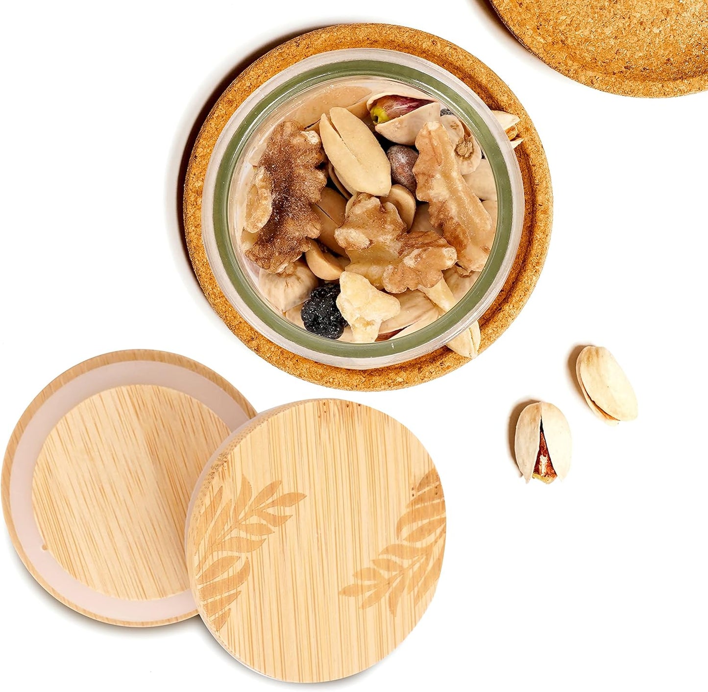Set of 4 Bamboo Mason Life Oui Yogurt Jar Lids with Silicone Sealing Rings - Leaves Pattern Wooden Lids for 5 Oz Jars