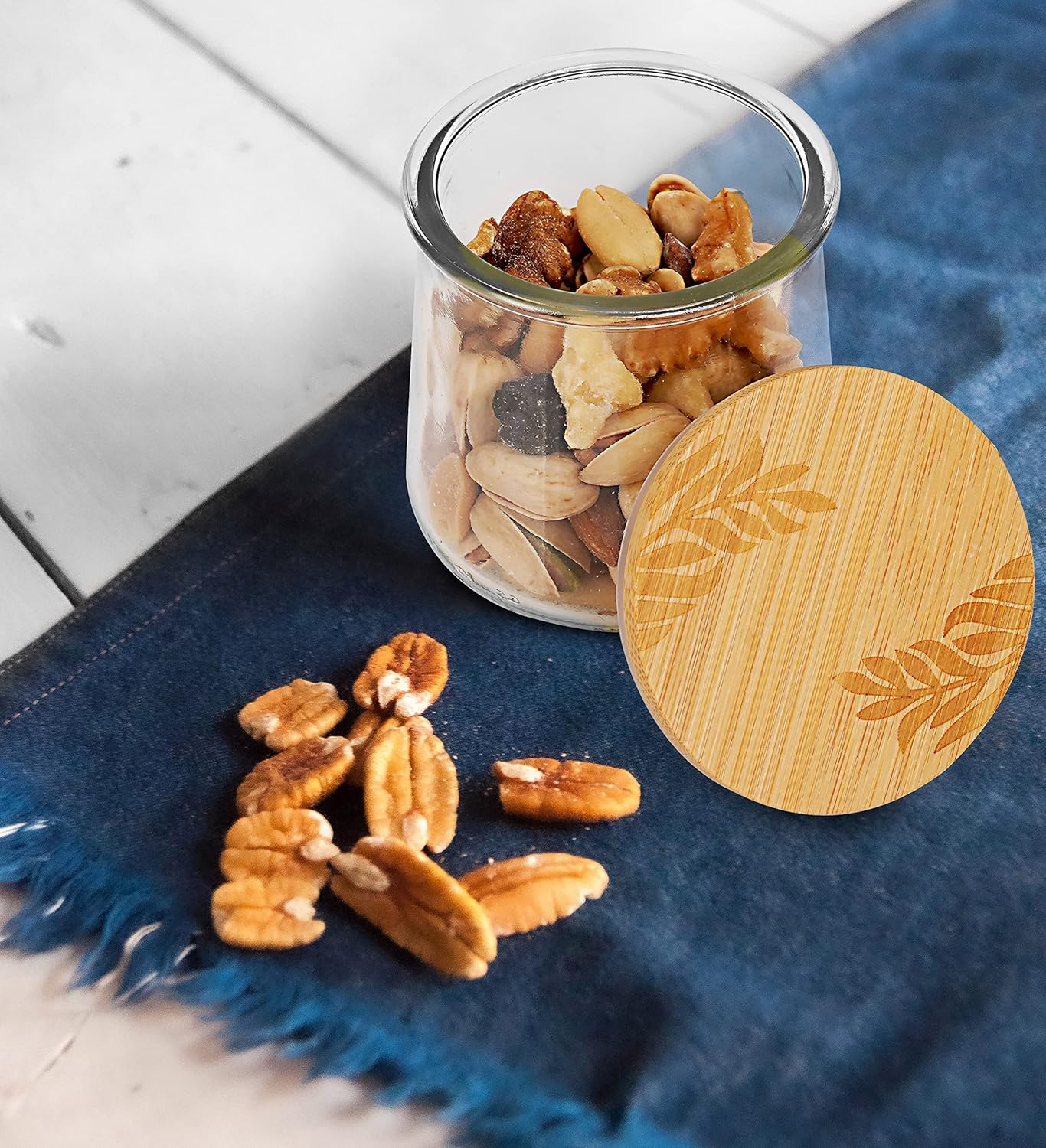 Set of 4 Bamboo Mason Life Oui Yogurt Jar Lids with Silicone Sealing Rings - Leaves Pattern Wooden Lids for 5 Oz Jars