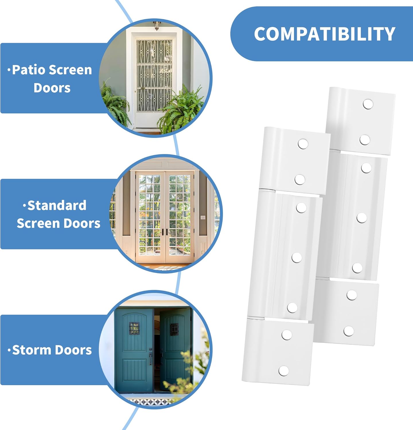 Set of 4 BANLIN White Aluminum Storm Door Hinges with Grooved Center - 1/8 inch, Compatible with Most Screen Doors