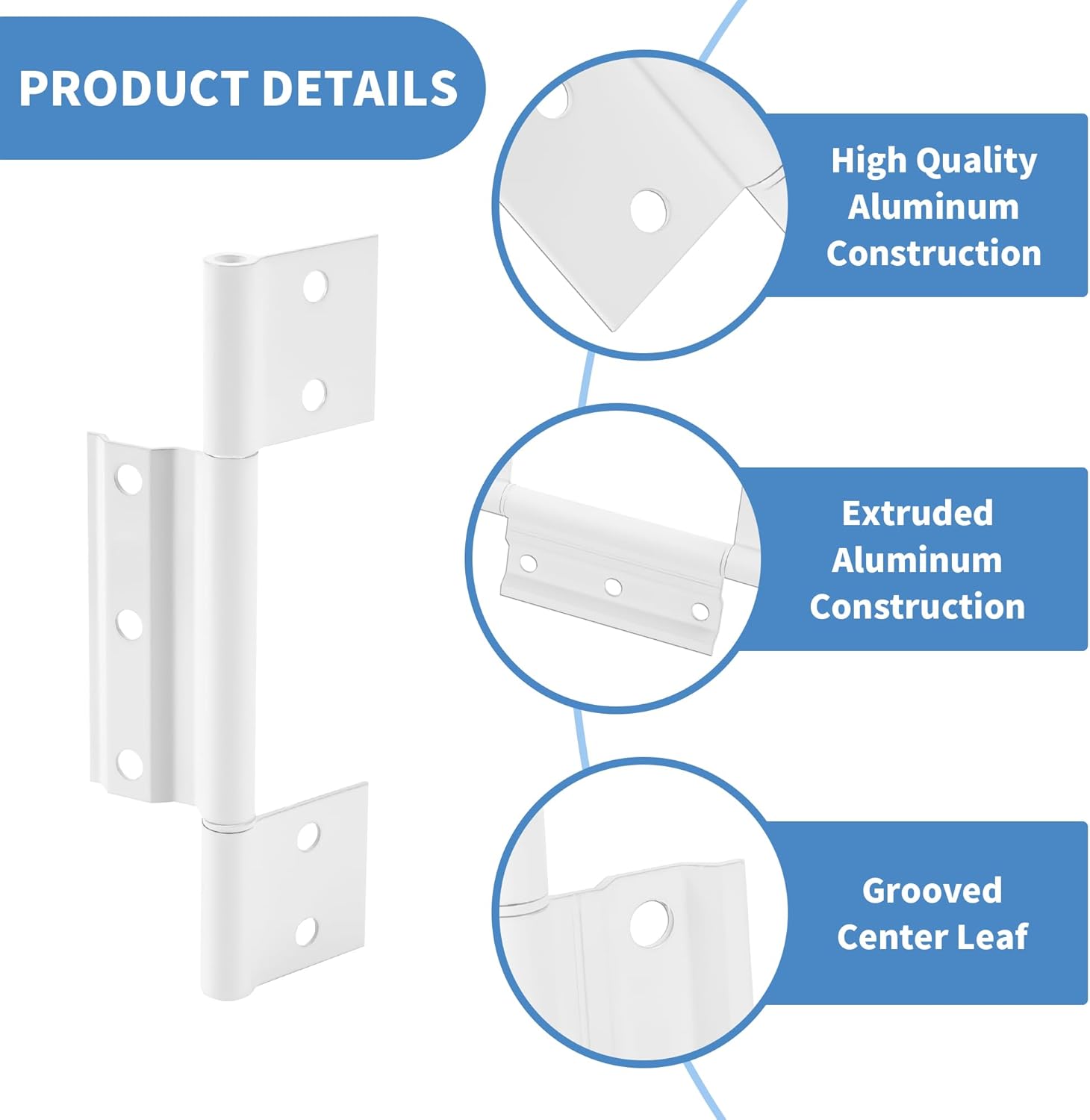 Set of 4 BANLIN White Aluminum Storm Door Hinges with Grooved Center - 1/8 inch, Compatible with Most Screen Doors