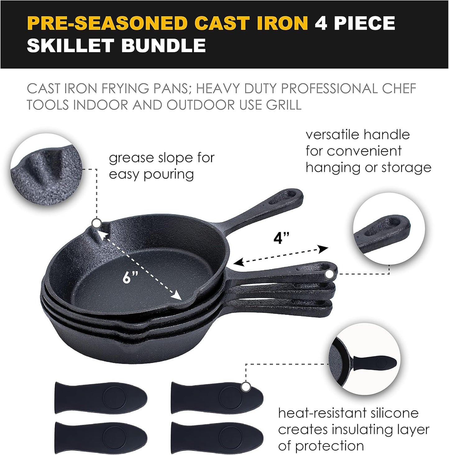 Set of 4 Bruntmor 6-Inch Pre-Seasoned Cast Iron Frying Pans - Oven Safe Skillet, Grill Pan, Nonstick Cookware for Casserole Dish