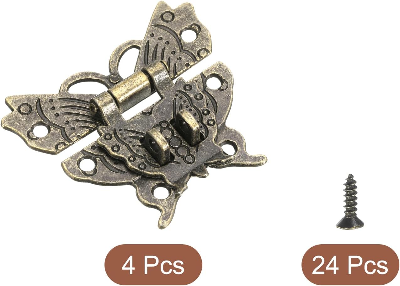 Set of 4 Butterfly Decorative Retro Box Toggle Latches - 51 x 60mm - Double Padlock Holes - Bronze - Screws Included