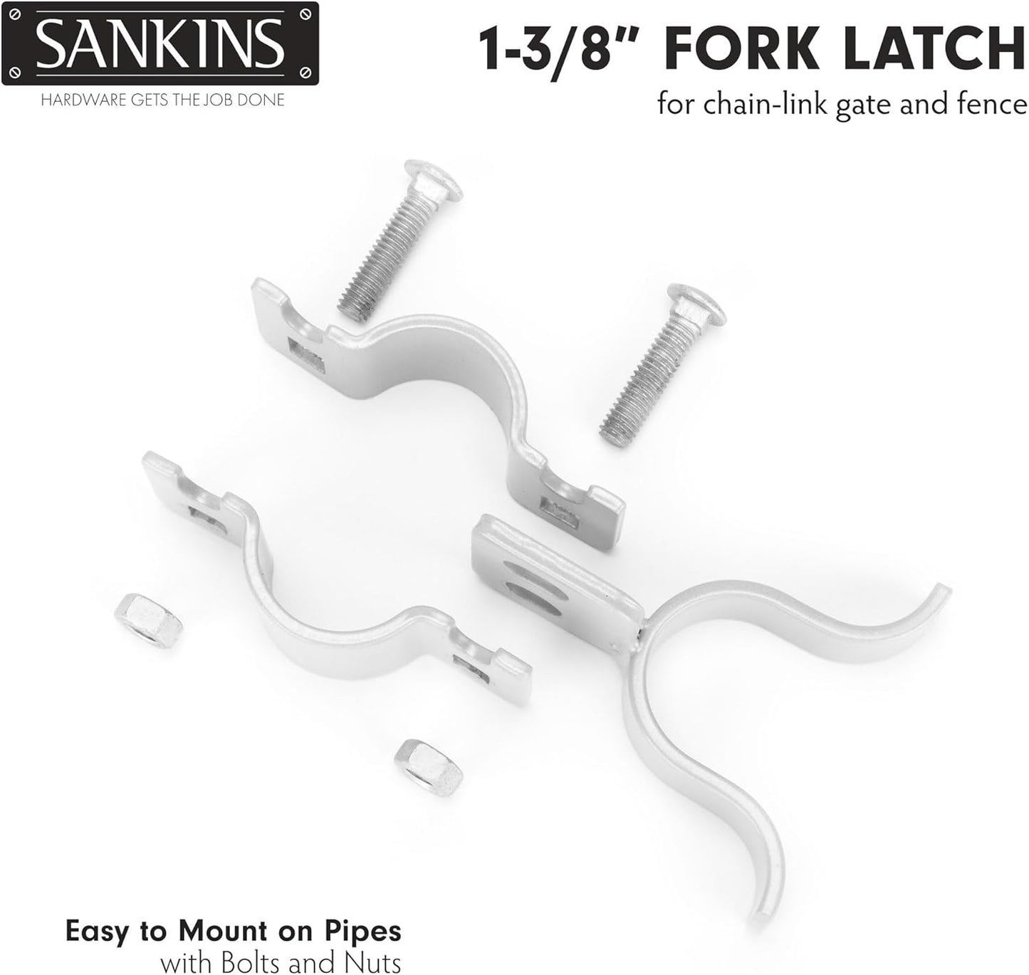 Set of 4 Chain Link Fence Gate Fork Latch Kit with Bolts, Nuts, and Padlock Hole - 1-3/8" x 1-3/8" Silver Gate Frames Latch for Fences, Kennels, Runs
