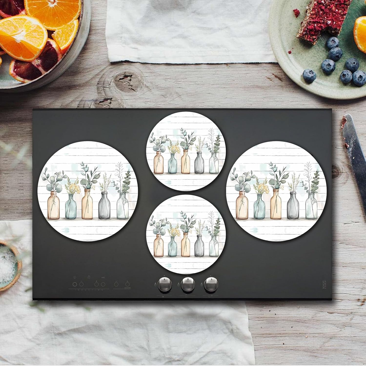 Set of 4 Glass Vases Stove Burner Covers for Gas and Electric Stoves - 8 and 10 Inch Metal Covers for Rustic Kitchen Decor