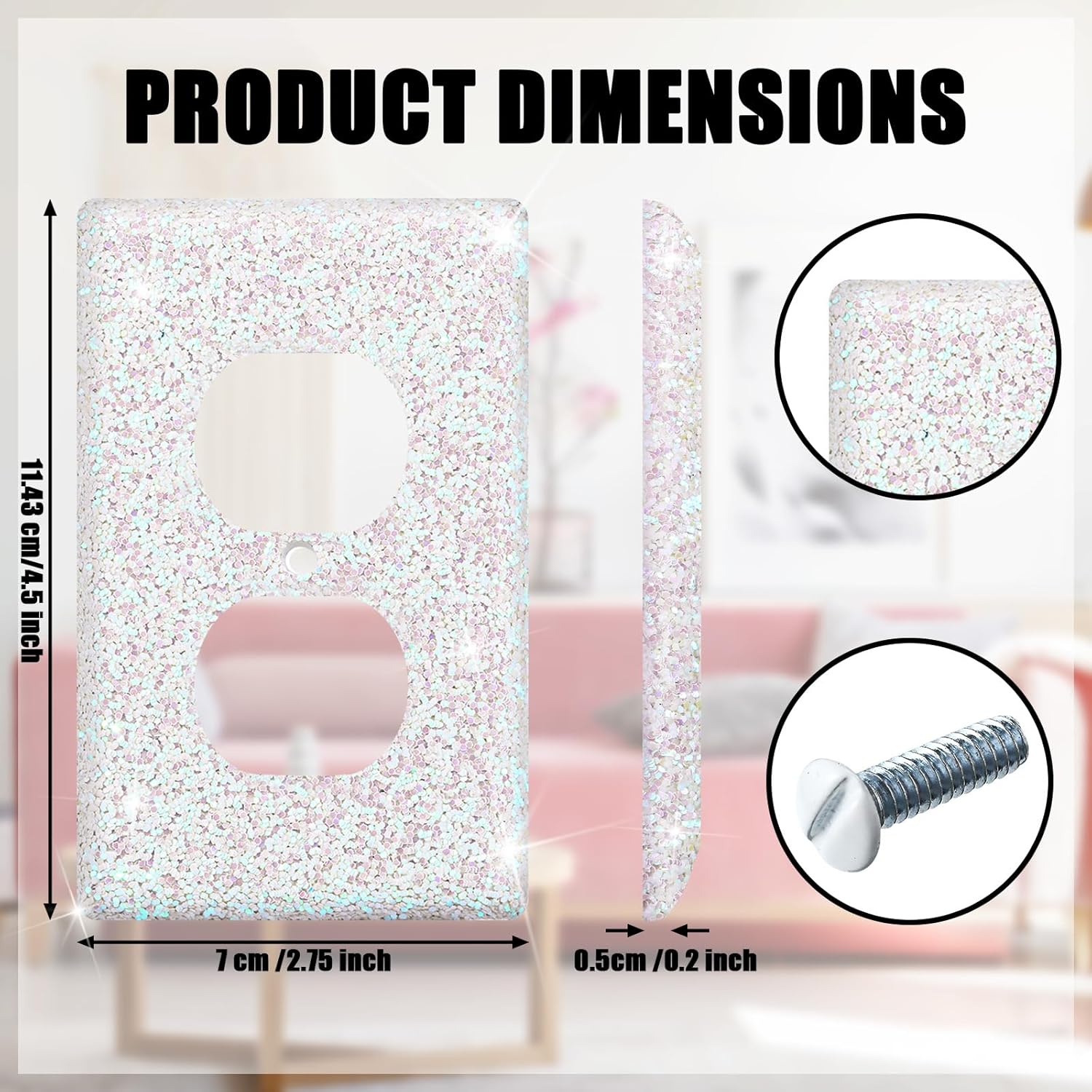 Set of 4 Glitter Bling Light Switch Covers and Outlet Wall Plates for Nursery and Teens Room Decor in White