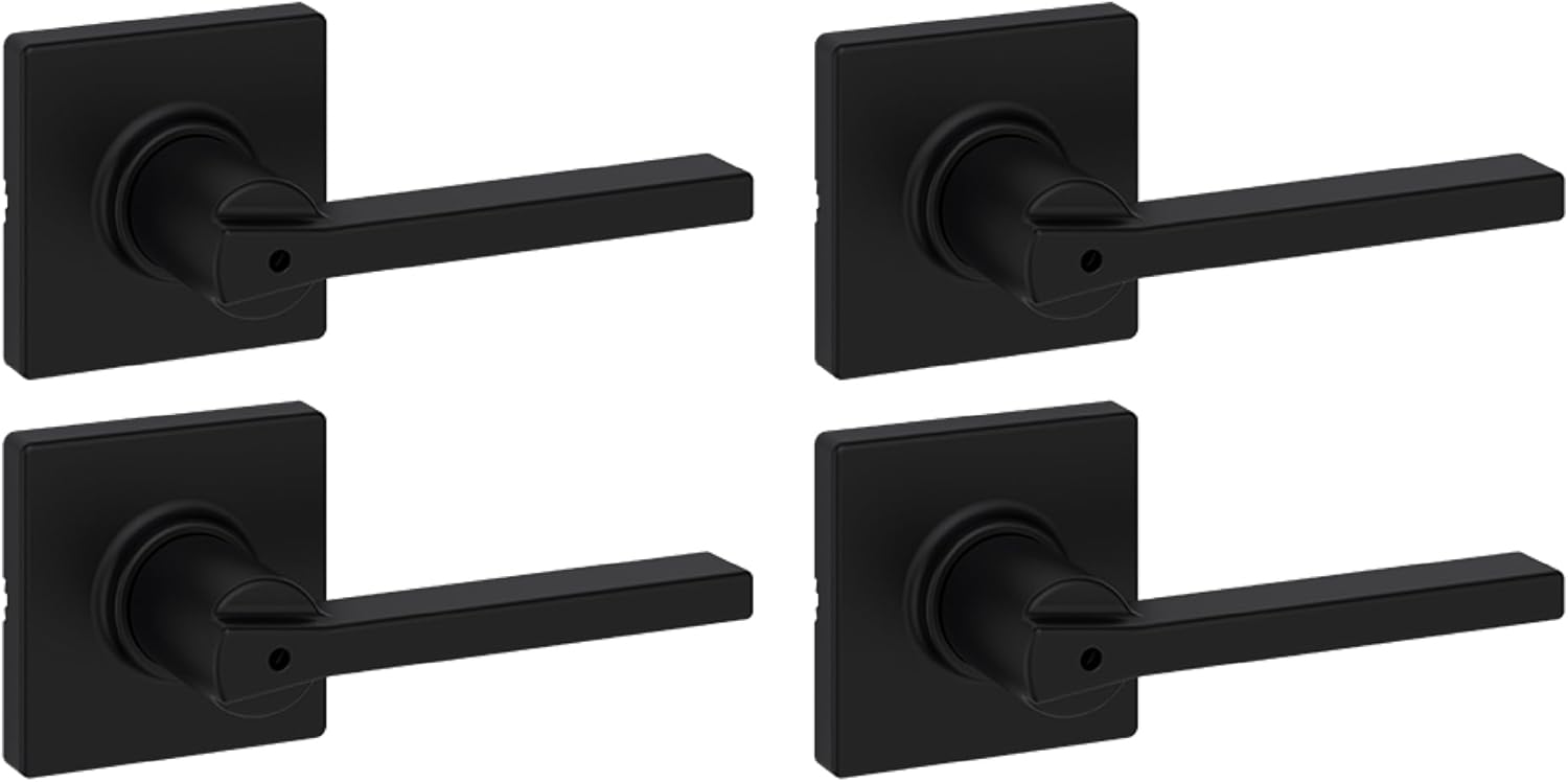Set of 4 Kwikset Casey Interior Privacy Door Handles in Matte Black with Keyless Turn Lock and Microban Protection for Bathroom and Bedroom - WildKart
