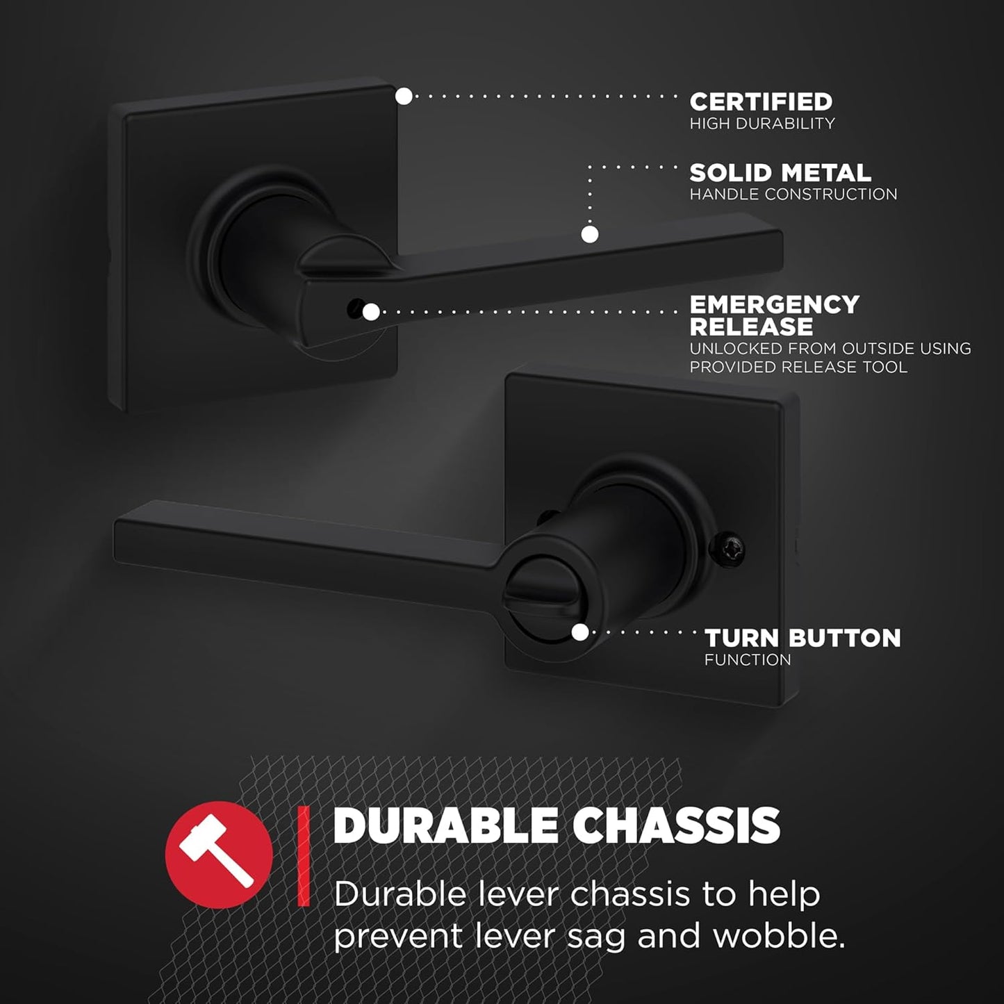 Set of 4 Kwikset Casey Interior Privacy Door Handles in Matte Black with Keyless Turn Lock and Microban Protection for Bathroom and Bedroom - WildKart