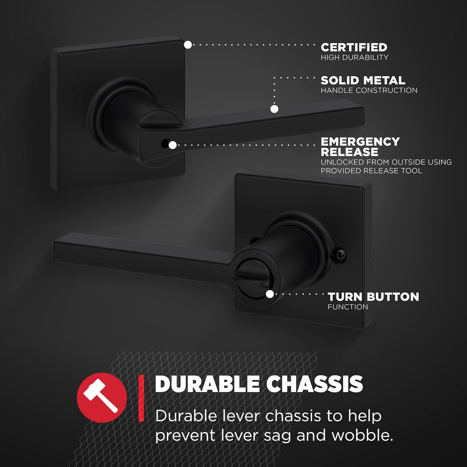 Set of 4 Kwikset Casey Interior Privacy Door Handles in Matte Black with Keyless Turn Lock and Microban Protection for Bathroom and Bedroom - WildKart