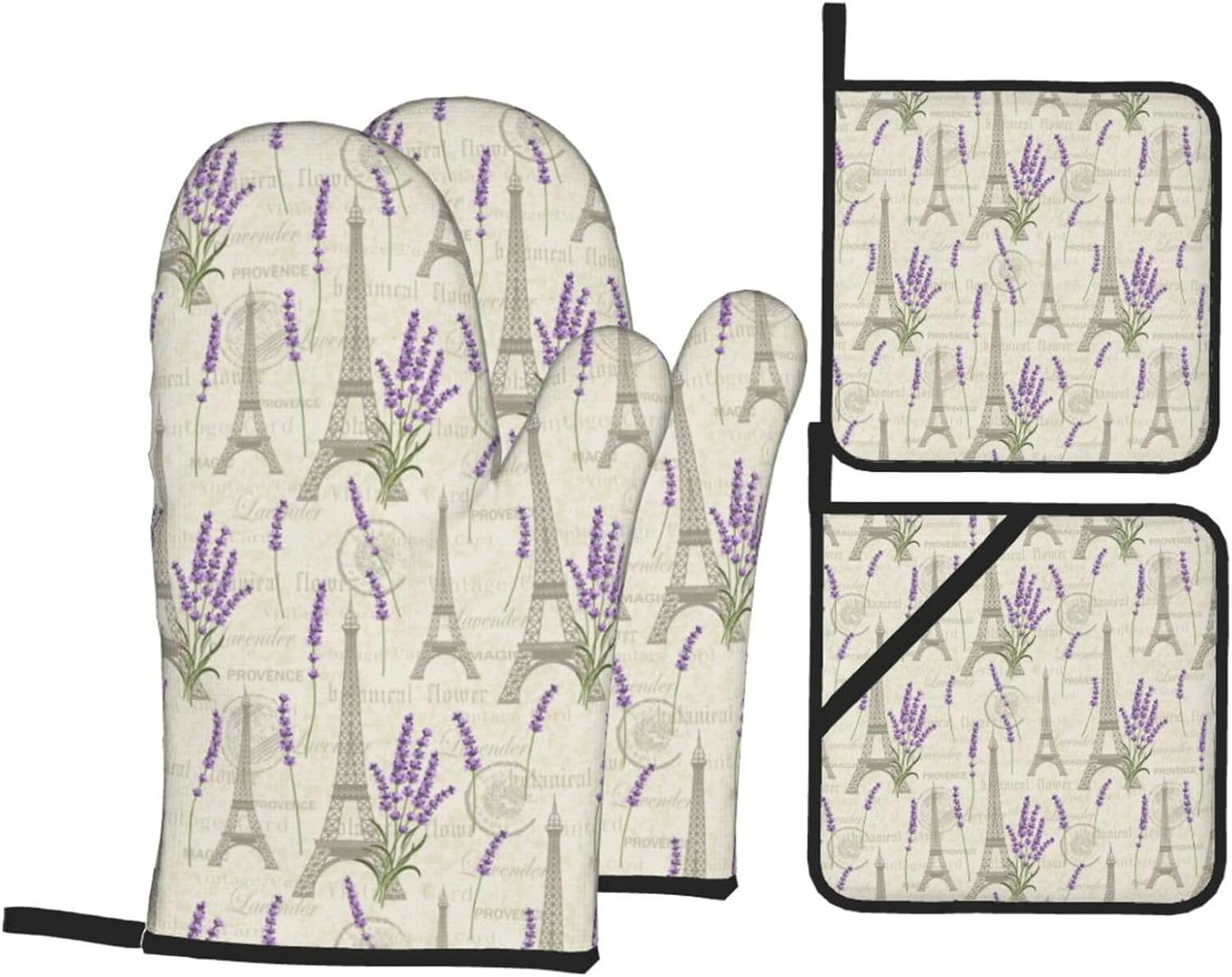 Set of 4 Lavender and Eiffel Oven Mitts Pot Holders - Heat Resistant Kitchen Gloves for Baking, Cooking, Grilling, BBQ