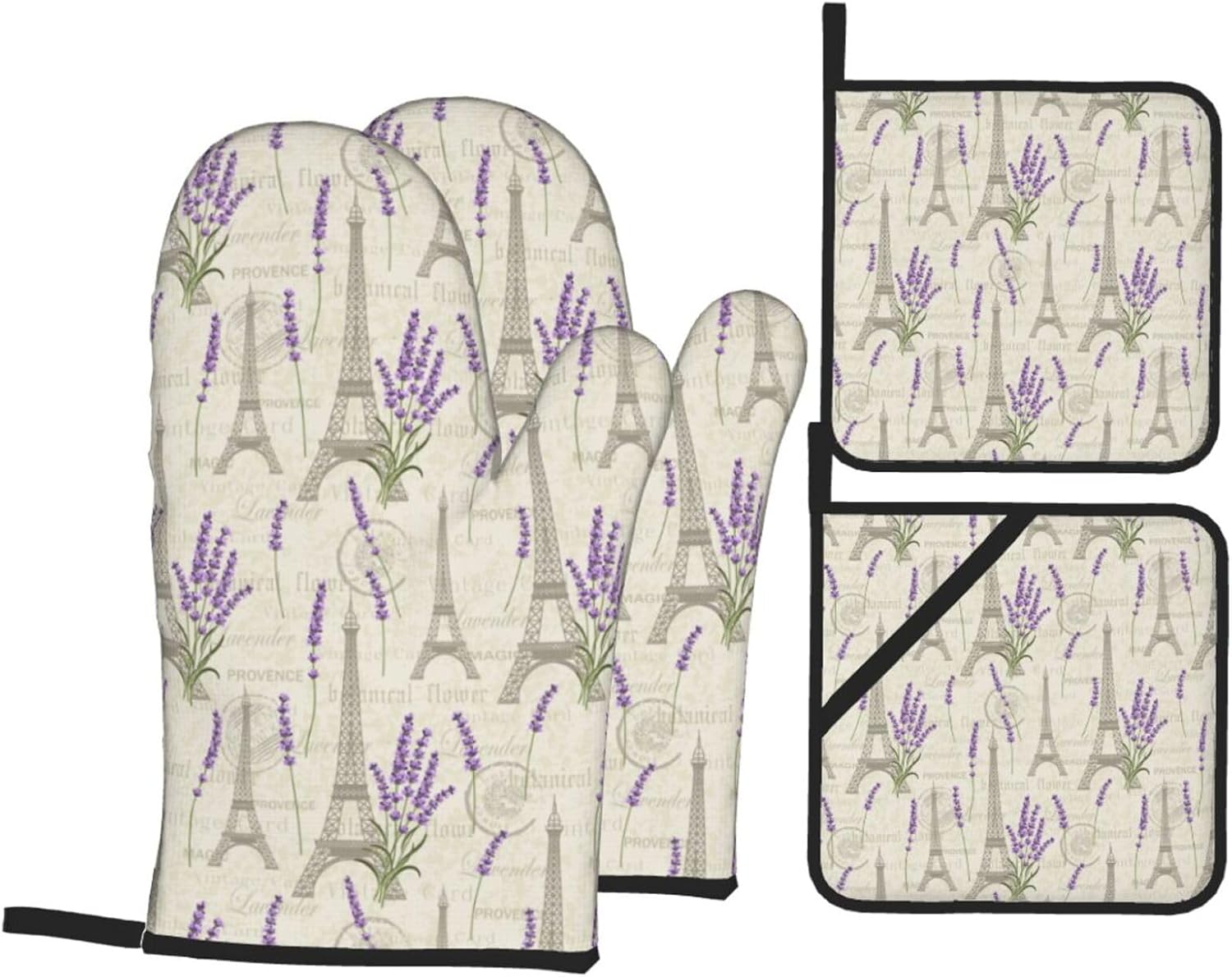 Set of 4 Lavender and Eiffel Oven Mitts Pot Holders - Heat Resistant Kitchen Gloves for Baking, Cooking, Grilling, BBQ