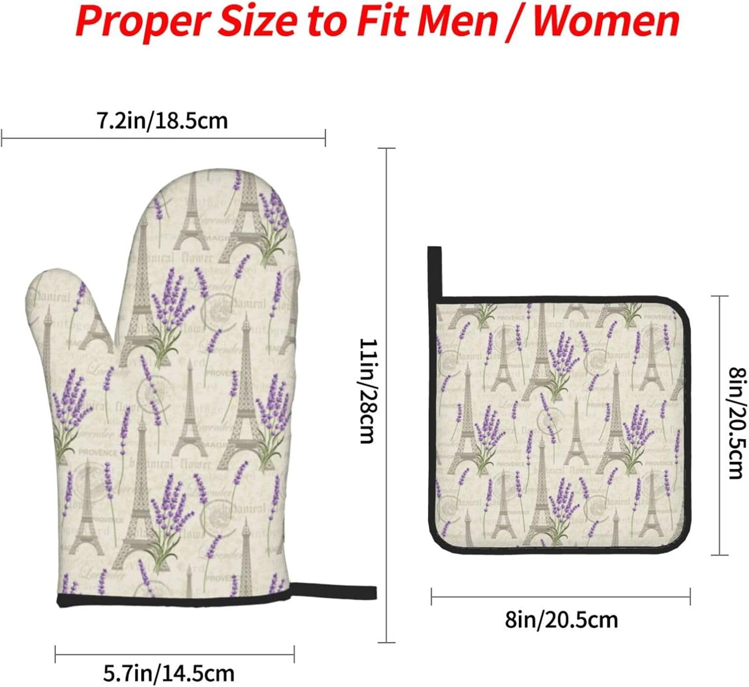 Set of 4 Lavender and Eiffel Oven Mitts Pot Holders - Heat Resistant Kitchen Gloves for Baking, Cooking, Grilling, BBQ