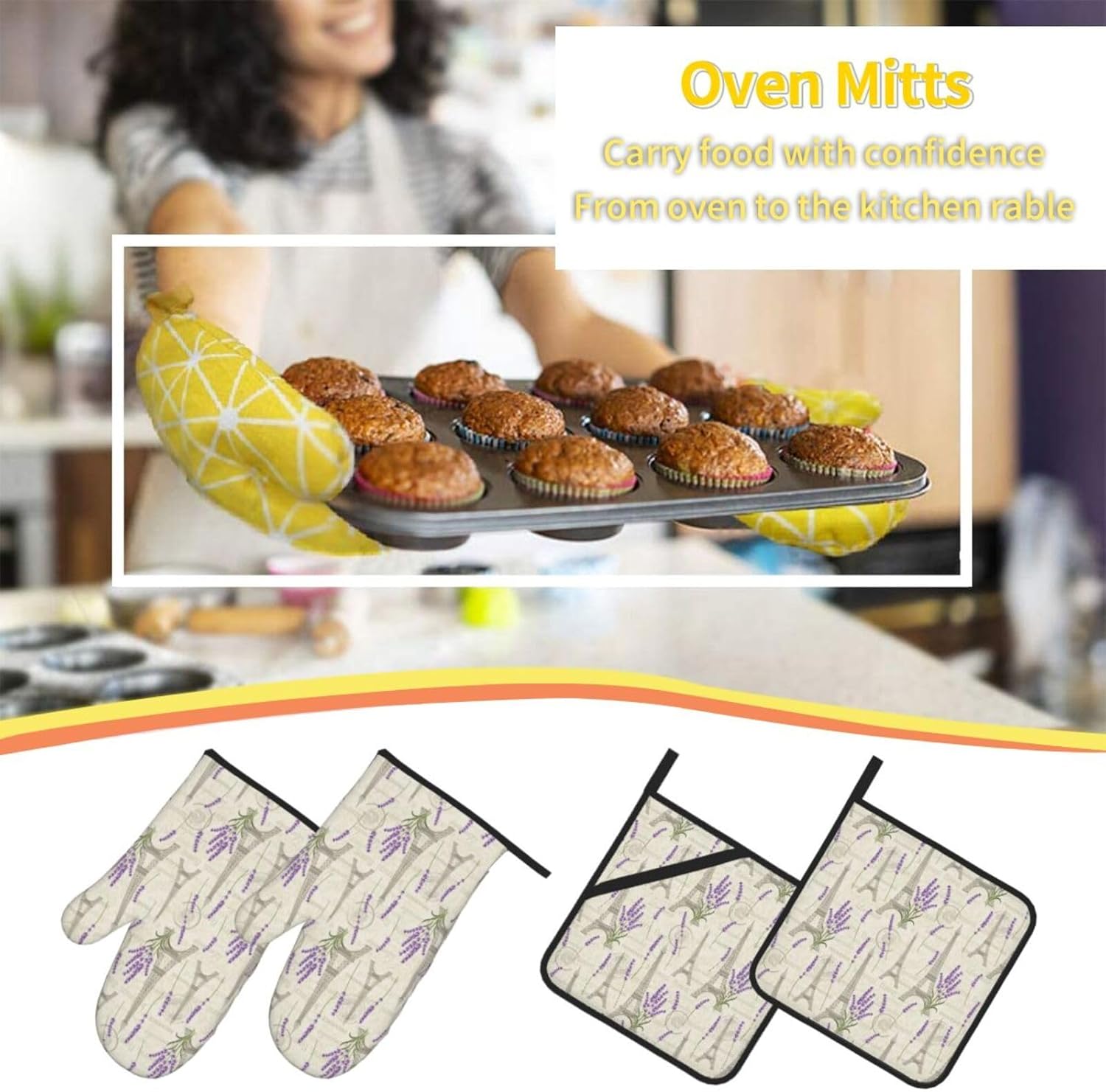 Set of 4 Lavender and Eiffel Oven Mitts Pot Holders - Heat Resistant Kitchen Gloves for Baking, Cooking, Grilling, BBQ