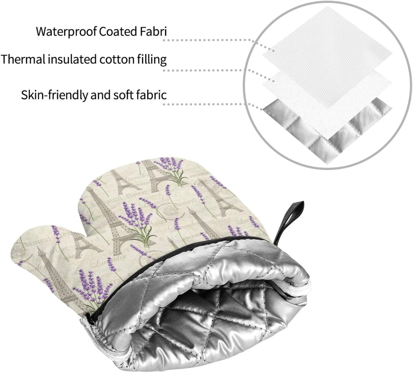 Set of 4 Lavender and Eiffel Oven Mitts Pot Holders - Heat Resistant Kitchen Gloves for Baking, Cooking, Grilling, BBQ