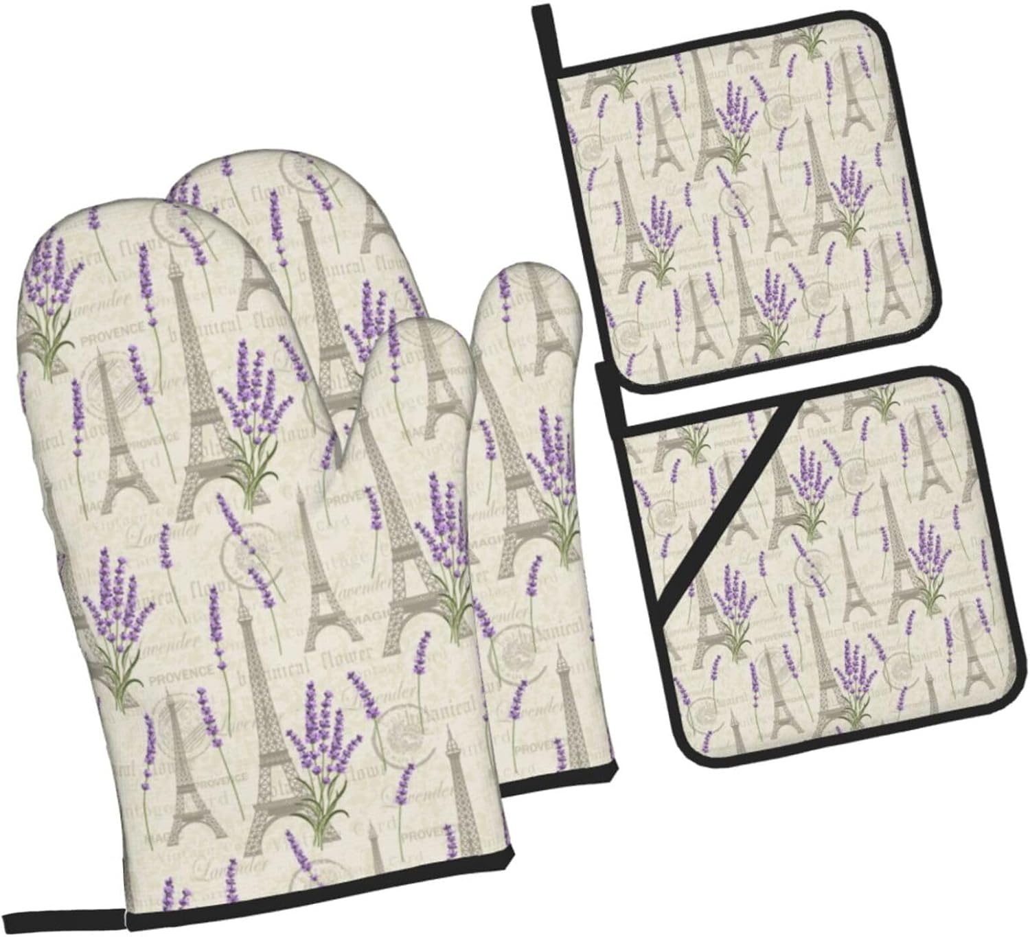 Set of 4 Lavender and Eiffel Oven Mitts Pot Holders - Heat Resistant Kitchen Gloves for Baking, Cooking, Grilling, BBQ