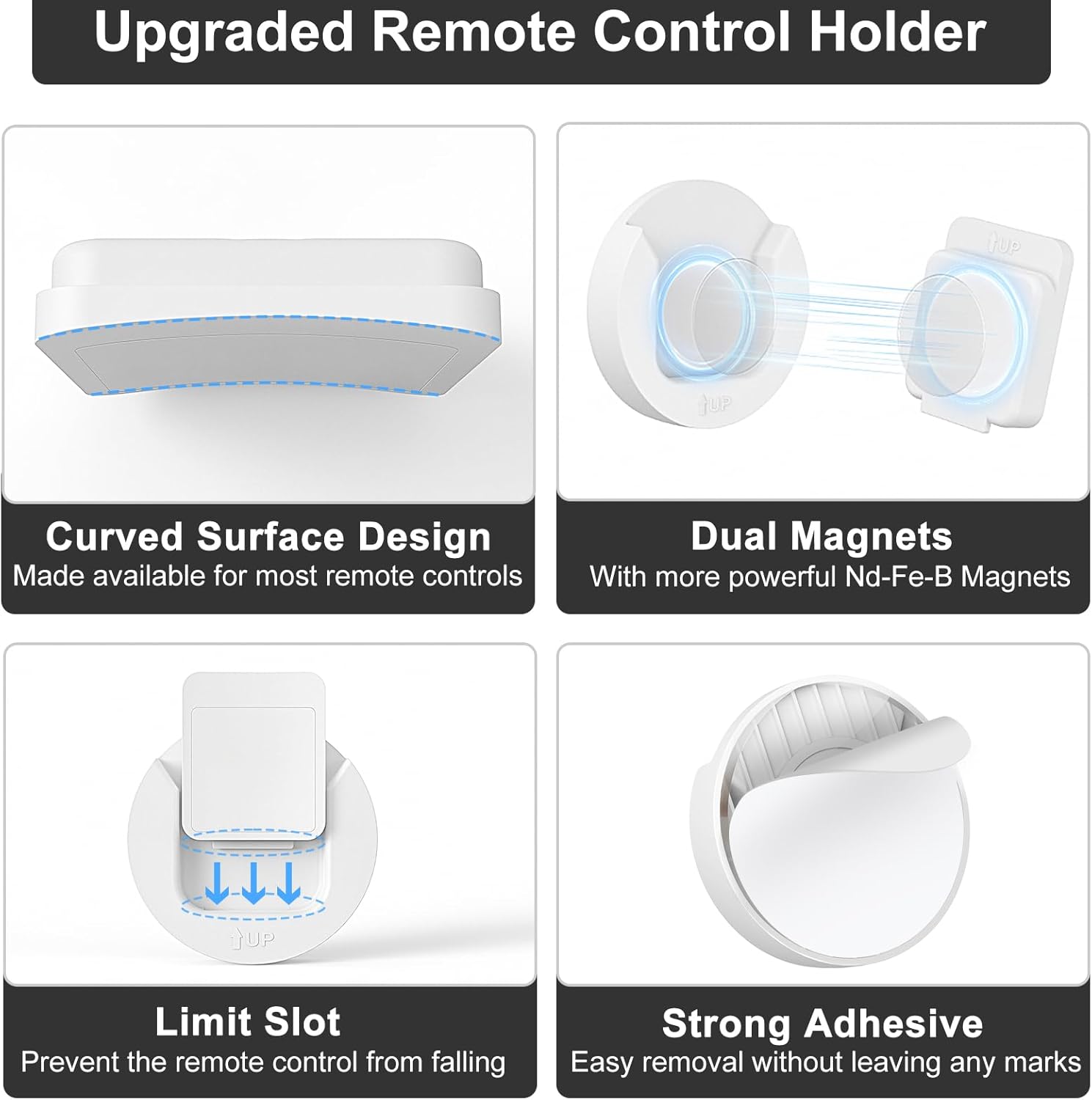 Set of 4 Magnetic Wall Mount Remote Control Holders - Self-Adhesive TV Remote Organizer for Back of TV - Upgrade Storage Solution in White Color