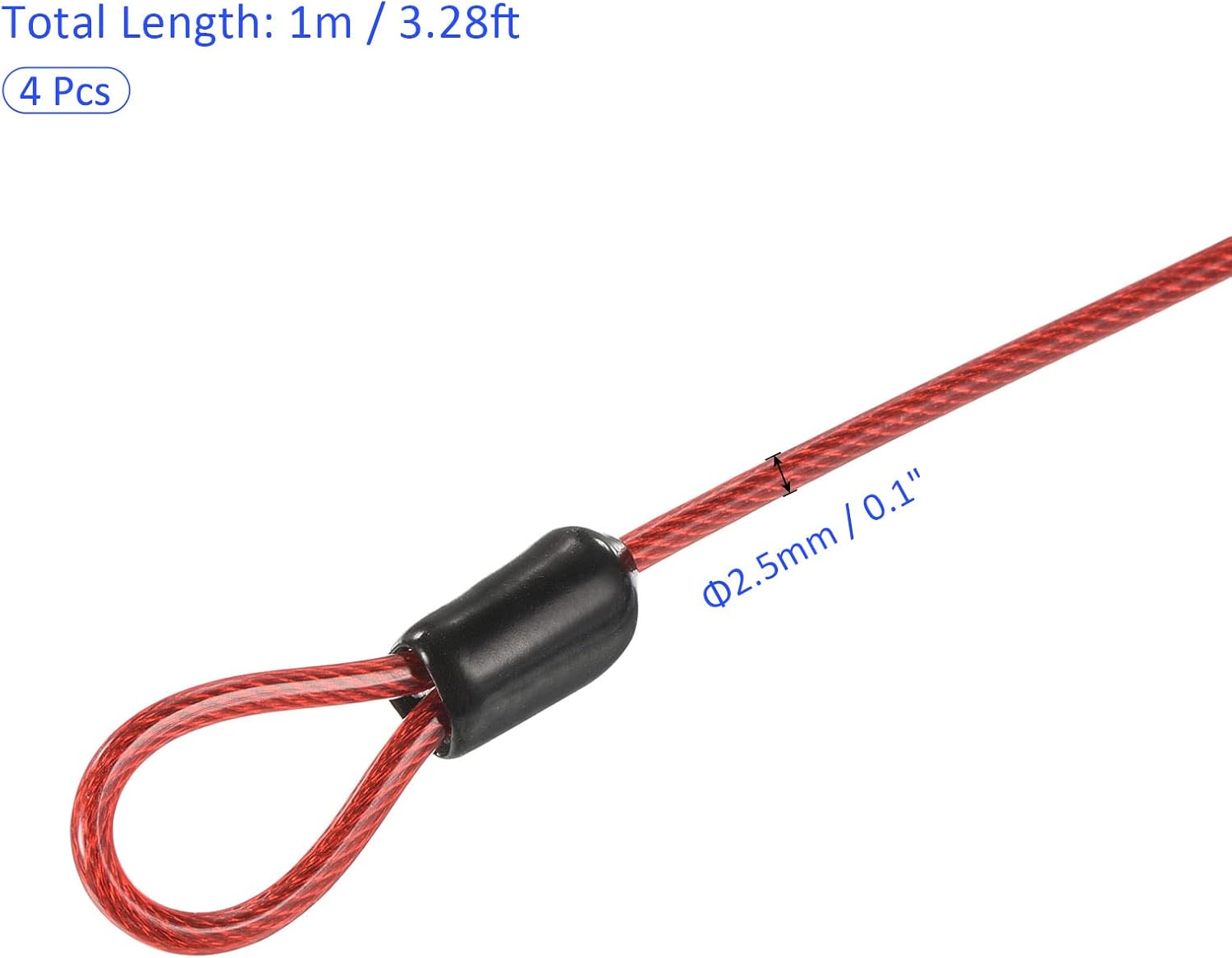 Set of 4 METERXITY Security Cables with Plastic Coated Steel Locking Rope - Ideal for Outdoor, Bicycle, and Travel Use (2.5mmx1m, Red)