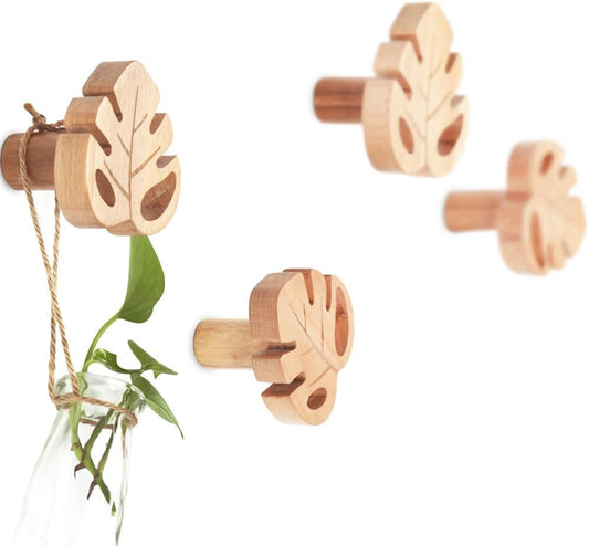 Set of 4 Monstera Wooden Coat Hooks with Mounting Hardware - Wall Mounted Single Wall Hook Rack and Clothes Hanger Organizer in Beech Wood