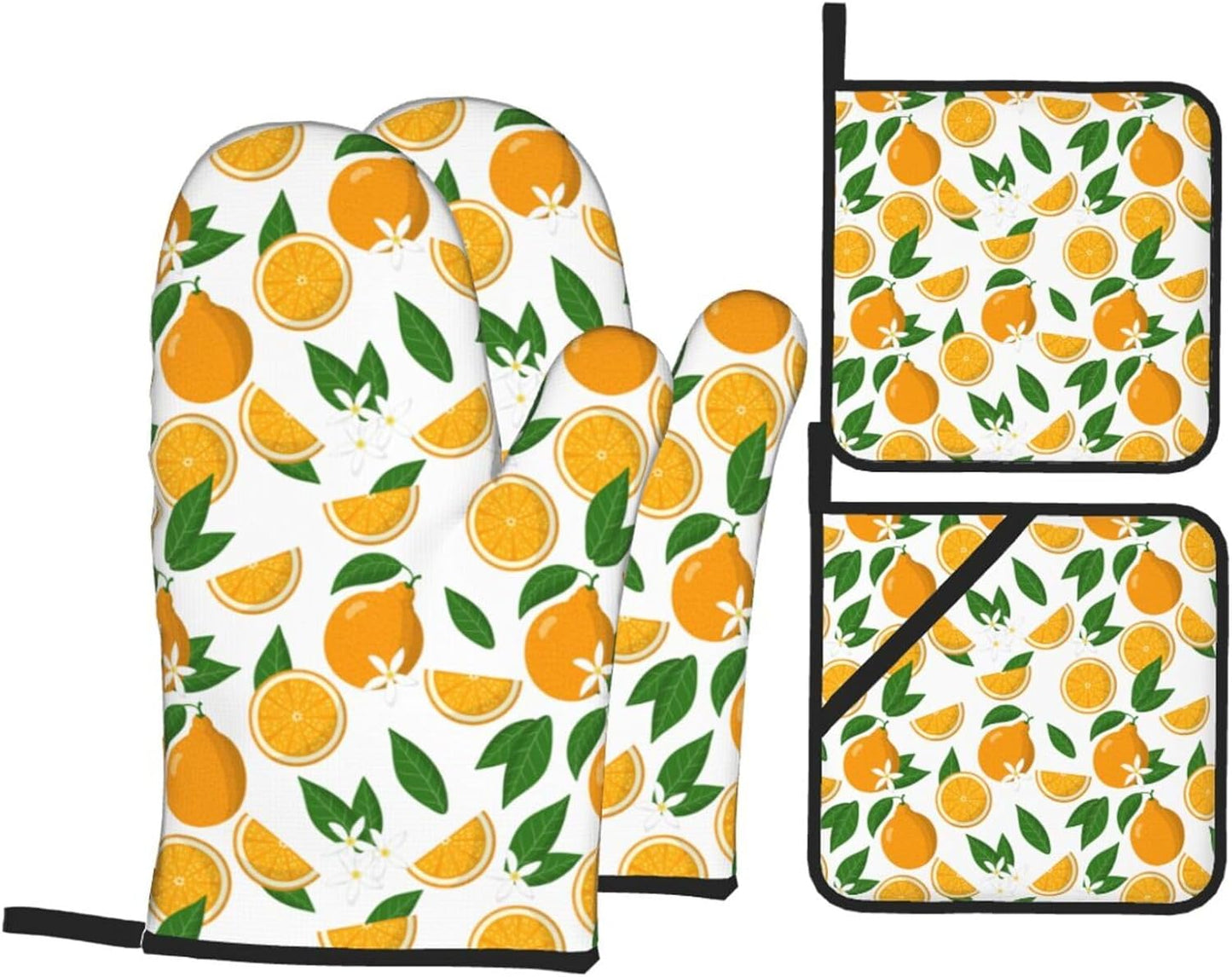 Set of 4 Orange Heat Resistant Oven Mitts and Pot Holders for Chef Baking Cooking BBQ