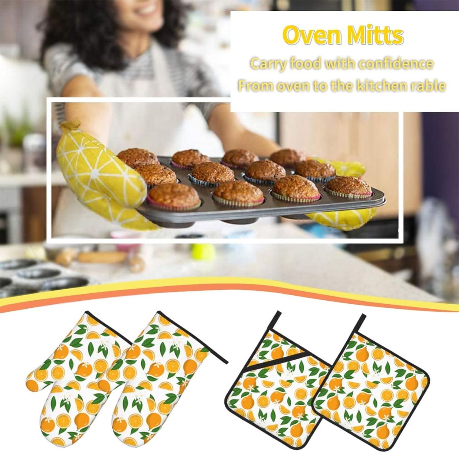 Set of 4 Orange Heat Resistant Oven Mitts and Pot Holders for Chef Baking Cooking BBQ