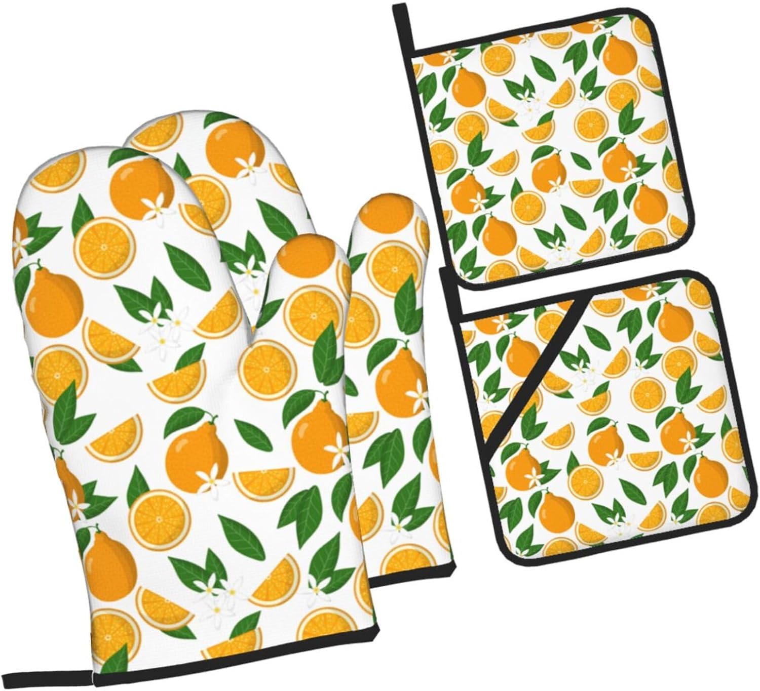 Set of 4 Orange Heat Resistant Oven Mitts and Pot Holders for Chef Baking Cooking BBQ