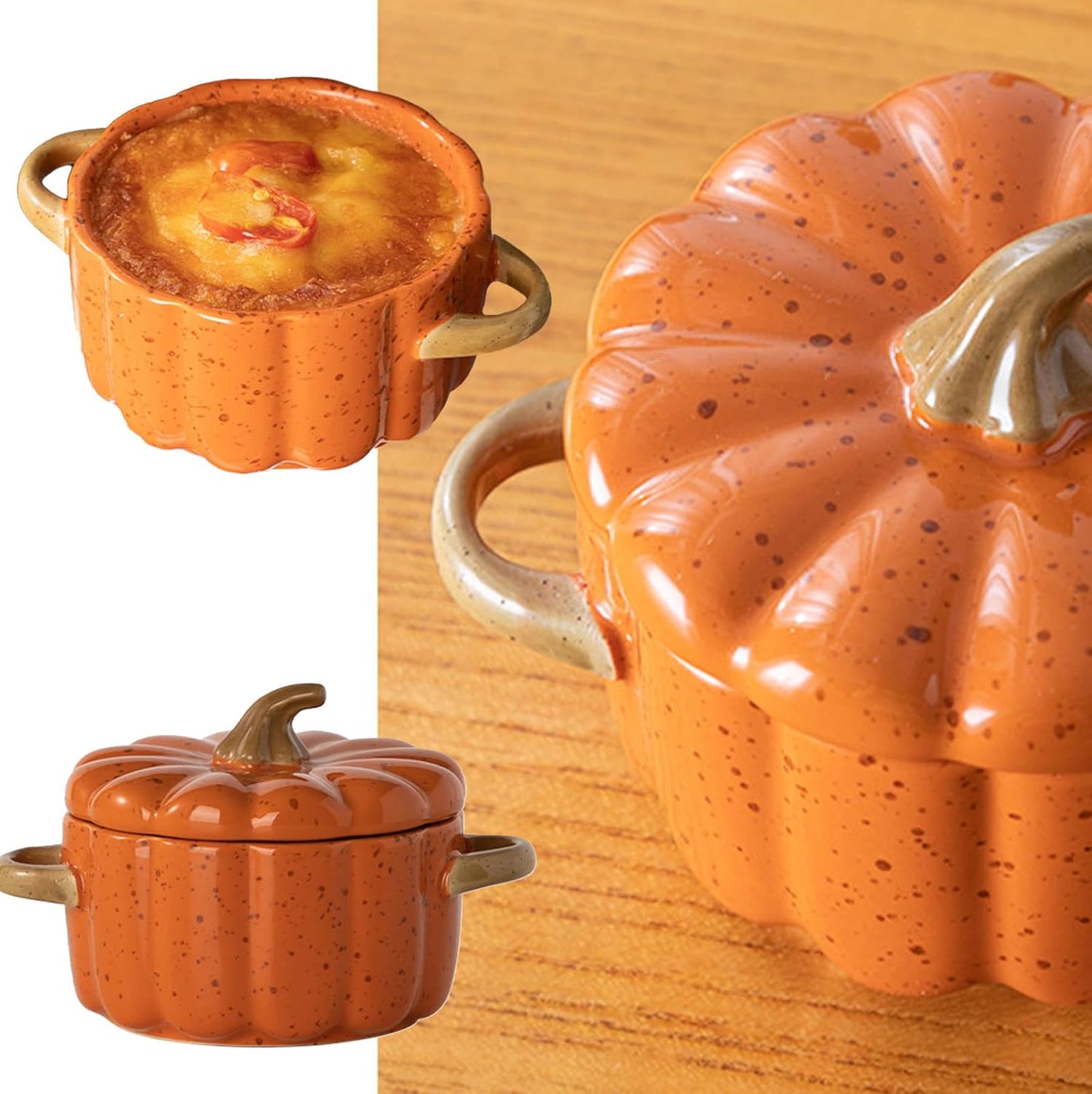 Set of 4 Pumpkin Ceramic Bowls with Lids and Handles - Oven Safe, Microwave Safe, Thickened Walls - Perfect for Baking, Serving, and Snacking, Ideal Halloween Gift