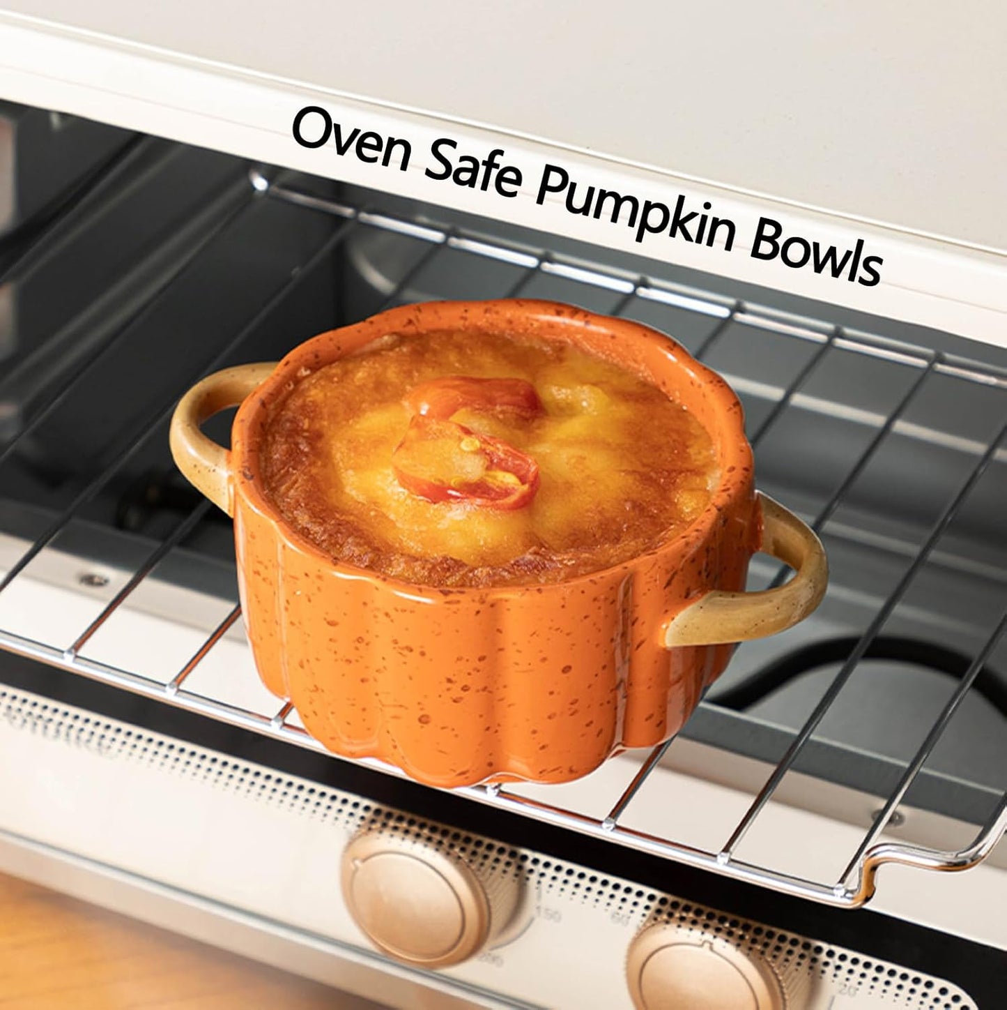 Set of 4 Pumpkin Ceramic Bowls with Lids and Handles - Oven Safe, Microwave Safe, Thickened Walls - Perfect for Baking, Serving, and Snacking, Ideal Halloween Gift