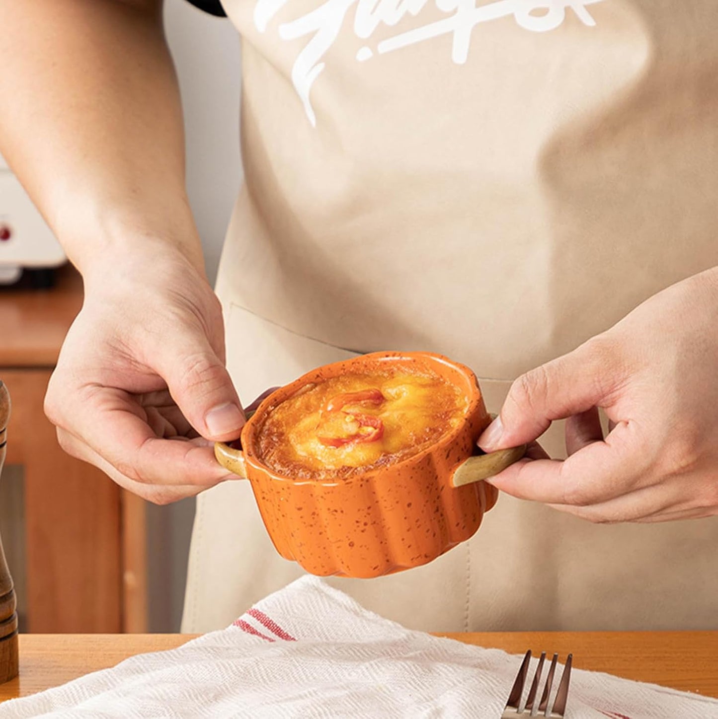 Set of 4 Pumpkin Ceramic Bowls with Lids and Handles - Oven Safe, Microwave Safe, Thickened Walls - Perfect for Baking, Serving, and Snacking, Ideal Halloween Gift
