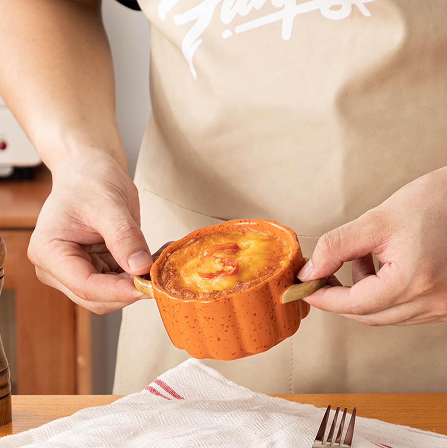 Set of 4 Pumpkin Ceramic Bowls with Lids and Handles - Oven Safe, Microwave Safe, Thickened Walls - Perfect for Baking, Serving, and Snacking, Ideal Halloween Gift