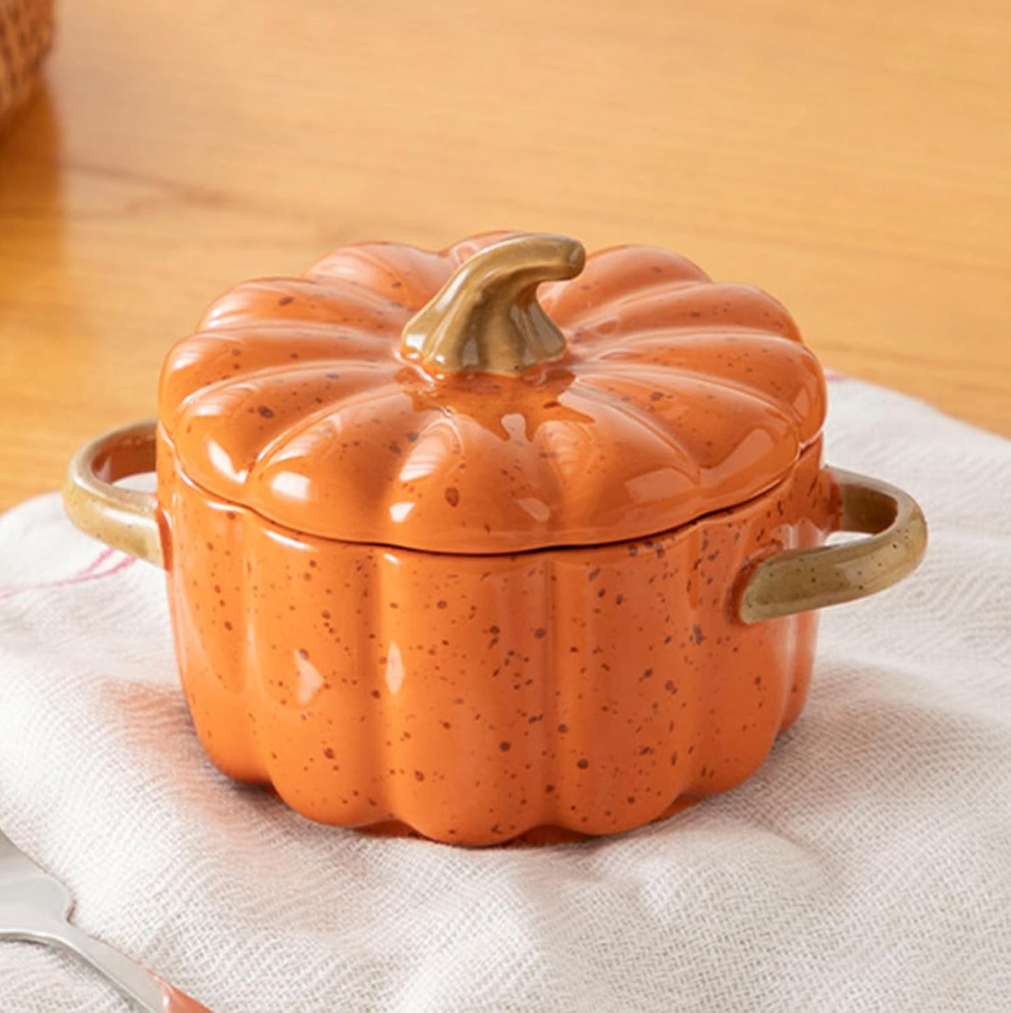 Set of 4 Pumpkin Ceramic Bowls with Lids and Handles - Oven Safe, Microwave Safe, Thickened Walls - Perfect for Baking, Serving, and Snacking, Ideal Halloween Gift