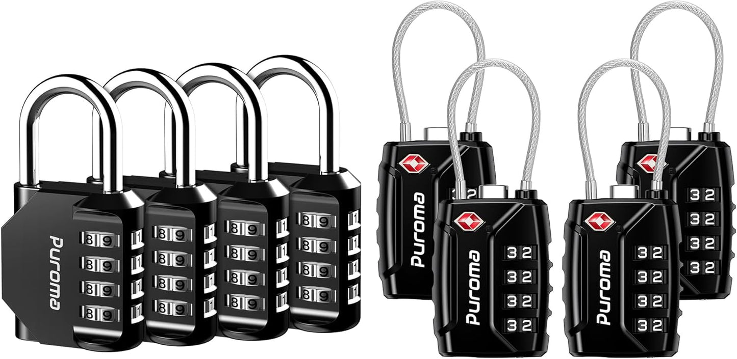 Set of 4 Puroma Combination Code Locks: 4 Digit Locker & TSA Approved Luggage Locks for Indoor & Outdoor Use - Resettable Travel Locks for Backpacks, Bags, and Gym Lockers