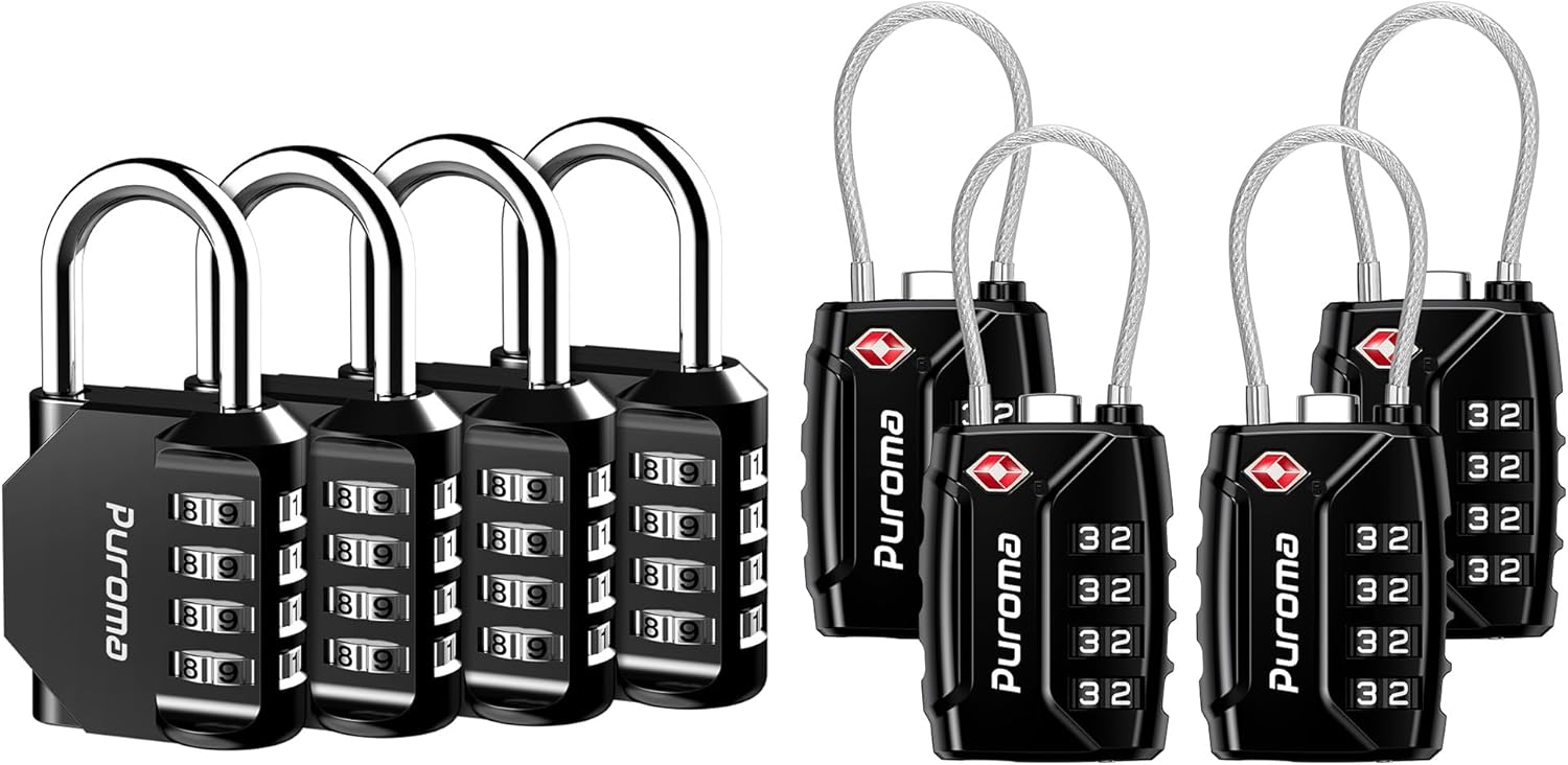Set of 4 Puroma Combination Code Locks: 4 Digit Locker & TSA Approved Luggage Locks for Indoor & Outdoor Use - Resettable Travel Locks for Backpacks, Bags, and Gym Lockers