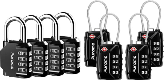 Set of 4 Puroma Combination Code Locks: 4 Digit Locker & TSA Approved Luggage Locks for Indoor & Outdoor Use - Resettable Travel Locks for Backpacks, Bags, and Gym Lockers