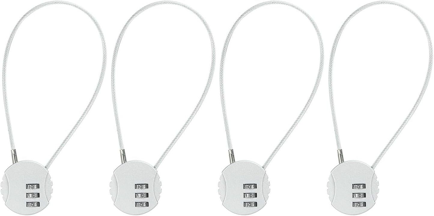 Set of 4 Round Helmet Padlock Cable Locks with 3-Digit Combination for Bike, Locker, and Luggage Security - Silver