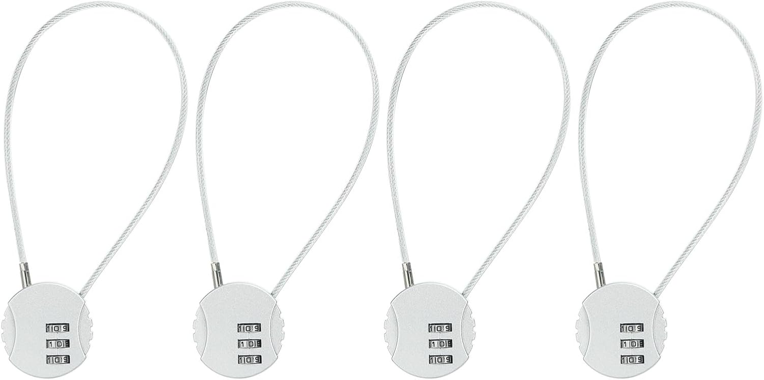 Set of 4 Round Helmet Padlock Cable Locks with 3-Digit Combination for Bike, Locker, and Luggage Security - Silver
