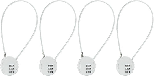 Set of 4 Round Helmet Padlock Cable Locks with 3-Digit Combination for Bike, Locker, and Luggage Security - Silver