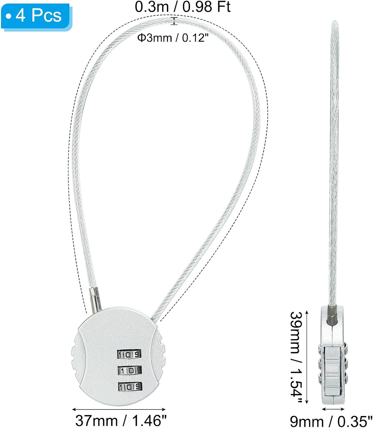 Set of 4 Round Helmet Padlock Cable Locks with 3-Digit Combination for Bike, Locker, and Luggage Security - Silver