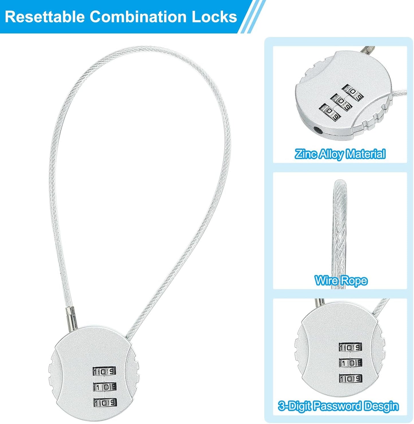 Set of 4 Round Helmet Padlock Cable Locks with 3-Digit Combination for Bike, Locker, and Luggage Security - Silver