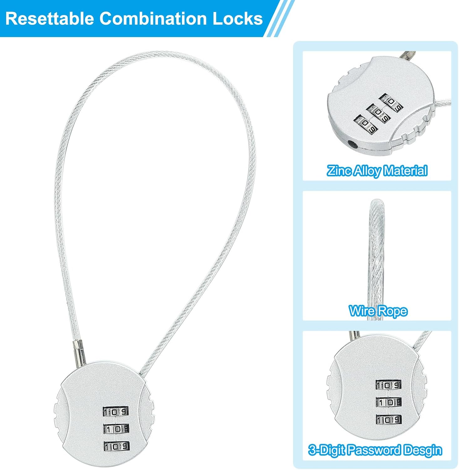 Set of 4 Round Helmet Padlock Cable Locks with 3-Digit Combination for Bike, Locker, and Luggage Security - Silver