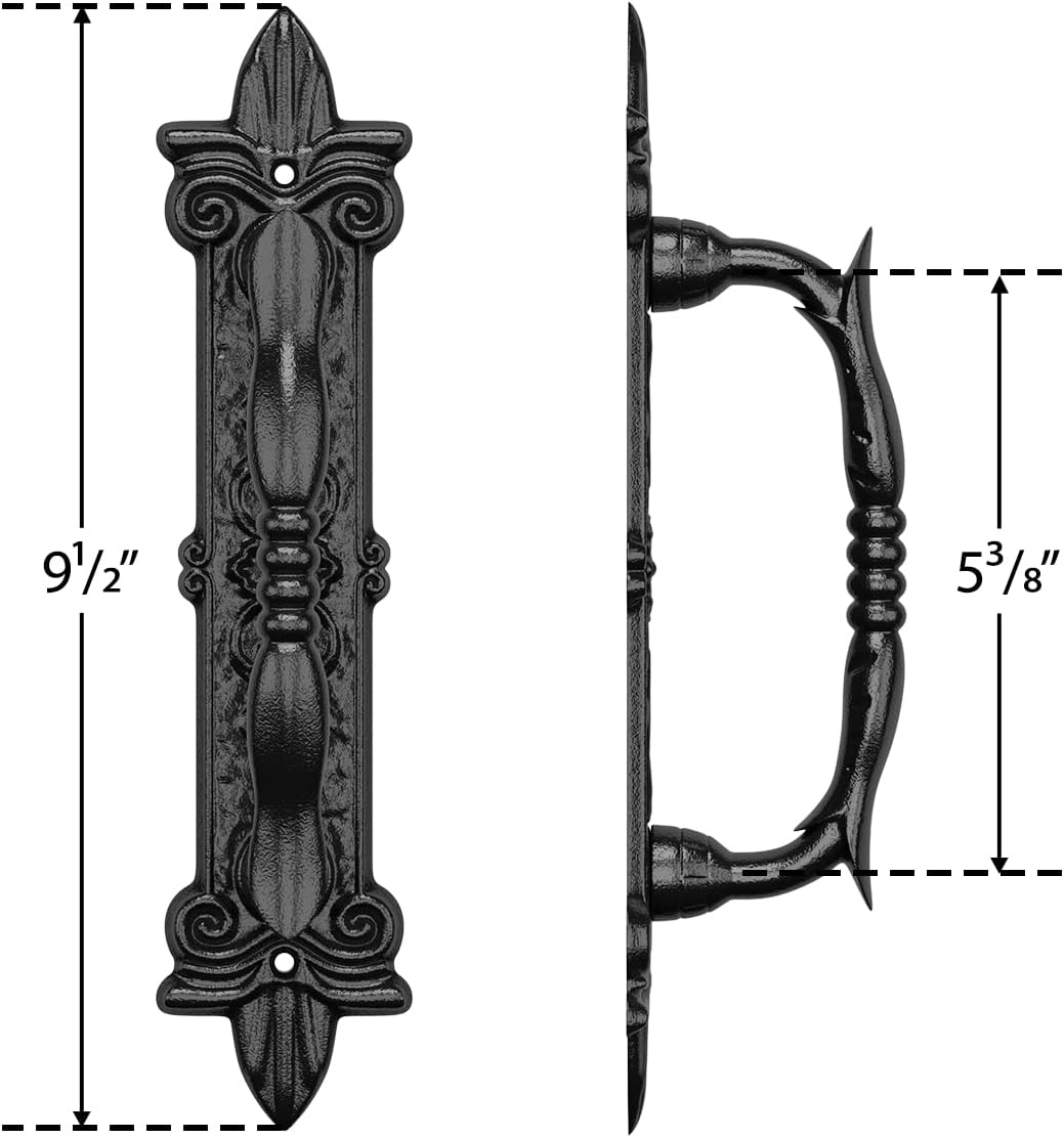 Set of 4 SMARTSTANDARD 9" Antique Barn Door Handles, Large Rustic Carved Pulls for Gates, Garages, Sheds - Black Powder Coated