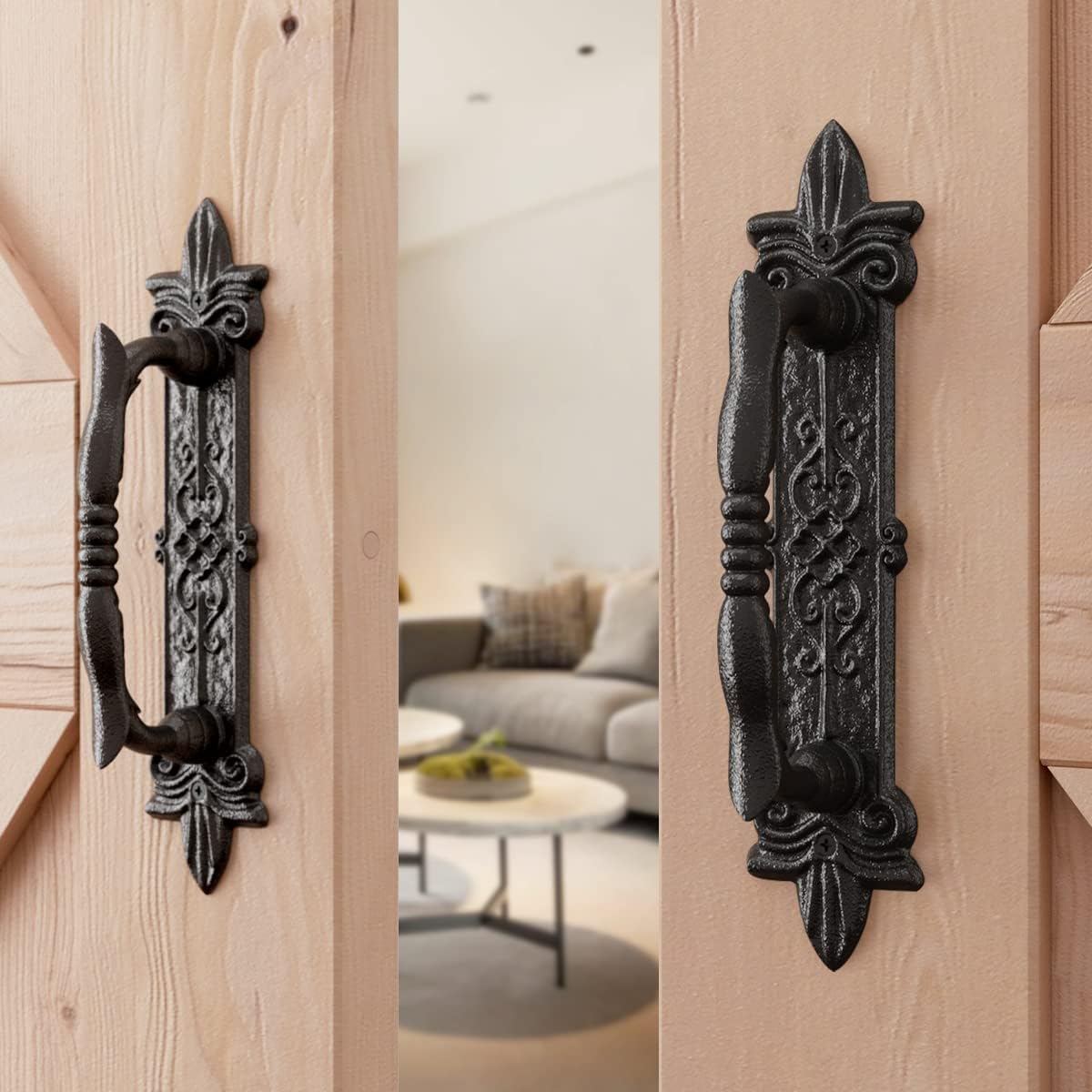 Set of 4 SMARTSTANDARD 9" Antique Barn Door Handles, Large Rustic Carved Pulls for Gates, Garages, Sheds - Black Powder Coated
