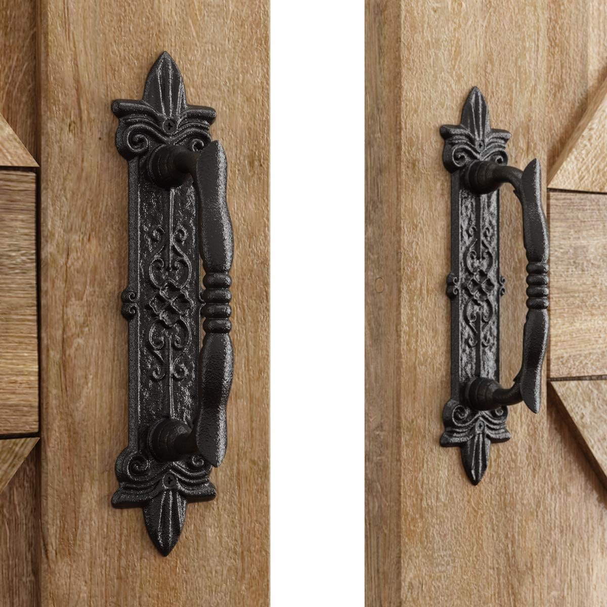 Set of 4 SMARTSTANDARD 9" Antique Barn Door Handles, Large Rustic Carved Pulls for Gates, Garages, Sheds - Black Powder Coated