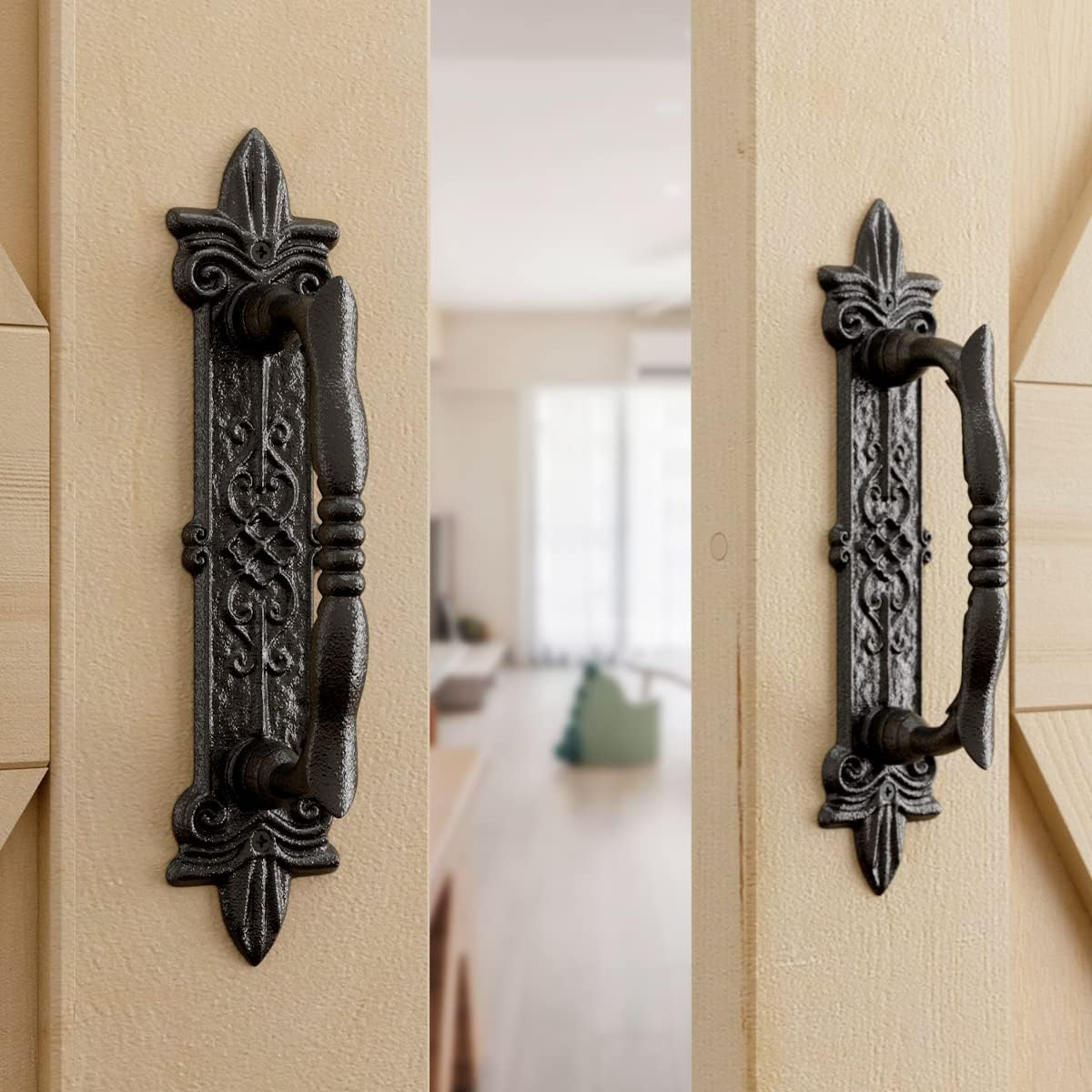 Set of 4 SMARTSTANDARD 9" Antique Barn Door Handles, Large Rustic Carved Pulls for Gates, Garages, Sheds - Black Powder Coated