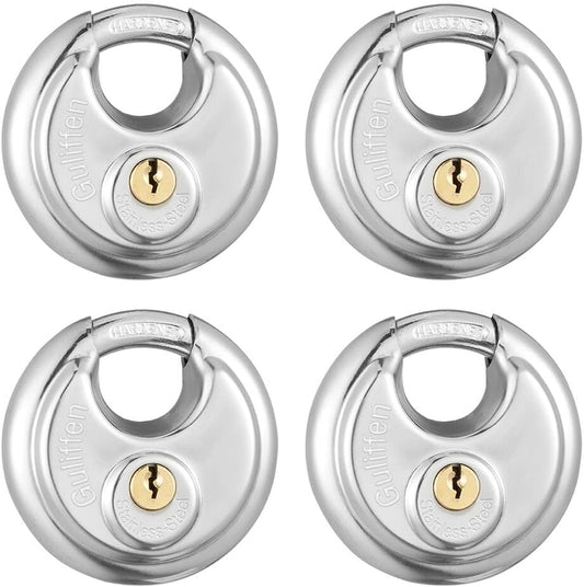 Set of 4 Stainless Steel Disc Padlocks with Key, Keyed Alike for Storage Units, Sheds, Garages, and Trailers - Guliffen Discus Padlock Pack - WildKart