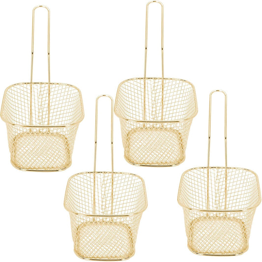 Set of 4 Stainless Steel Frying Baskets for French Fries, Onion Rings, Chicken Wings - Multi-Function Kitchen Tool in Gold Color by Haofy