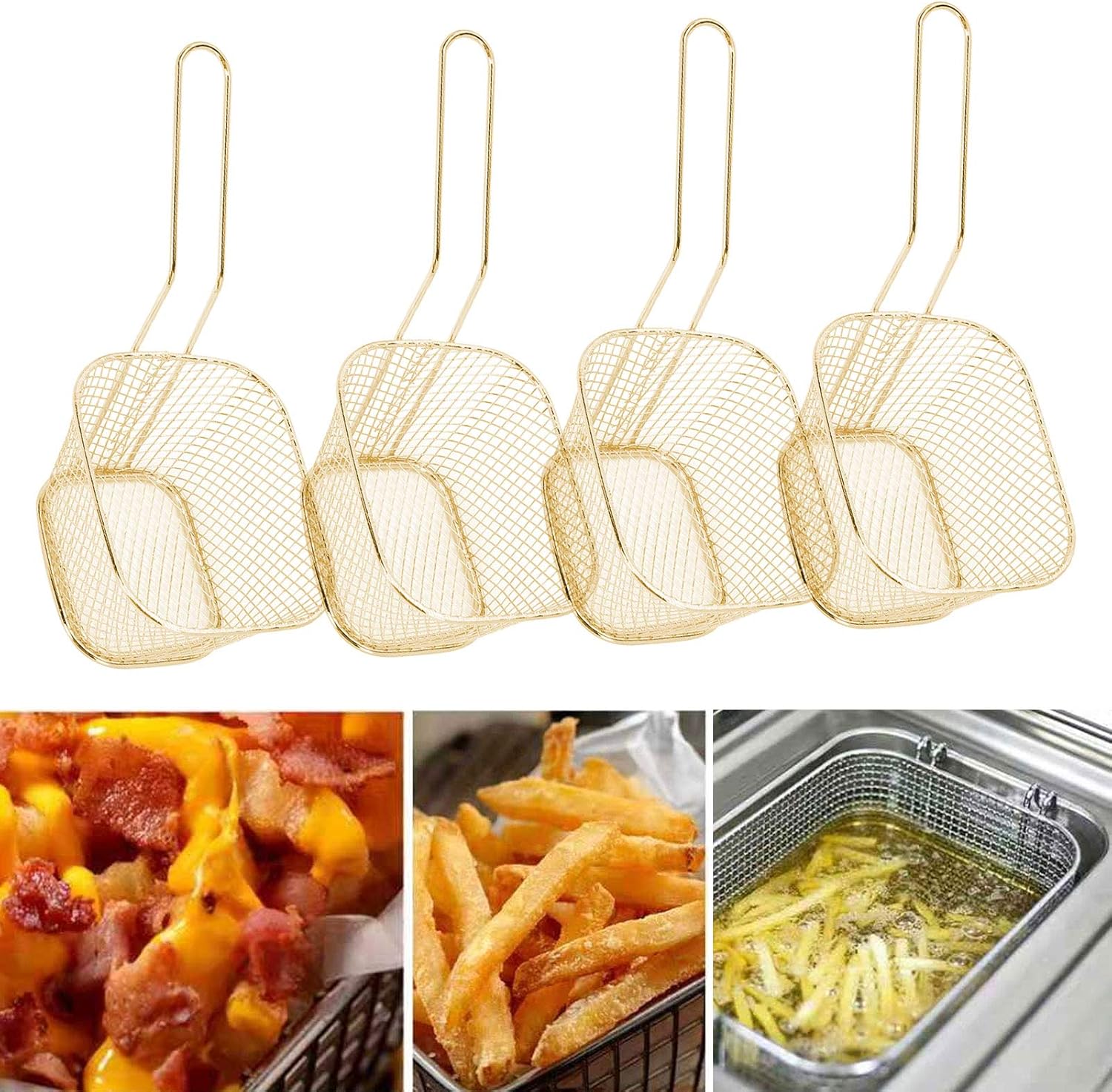Set of 4 Stainless Steel Frying Baskets for French Fries, Onion Rings, Chicken Wings - Multi-Function Kitchen Tool in Gold Color by Haofy