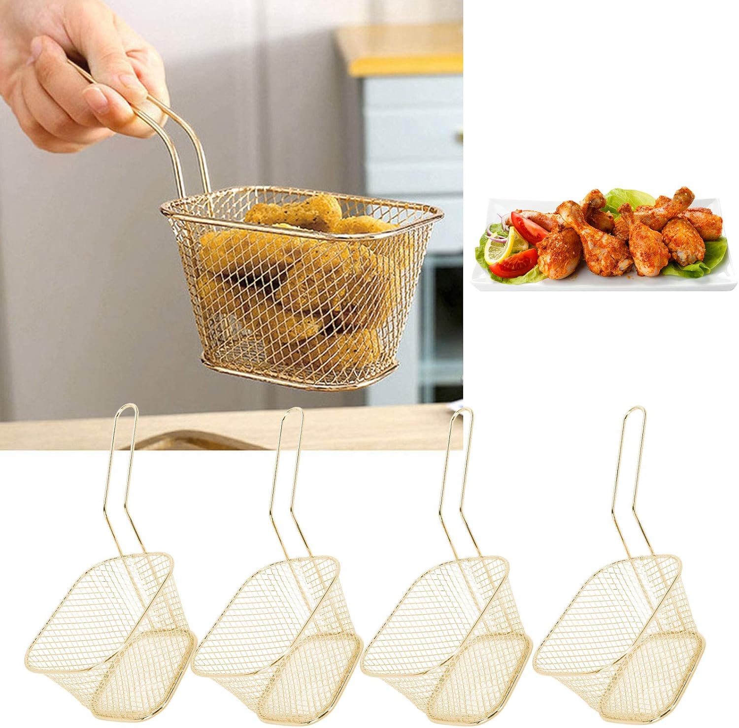 Set of 4 Stainless Steel Frying Baskets for French Fries, Onion Rings, Chicken Wings - Multi-Function Kitchen Tool in Gold Color by Haofy