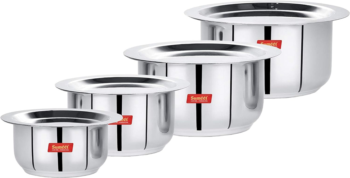 Set of 4 Stainless Steel Mini to Small Size Tope/Patila/Cookware with Lids - Induction & Gas Stove Friendly (370ML, 550ML, 800ML, 1100ML)