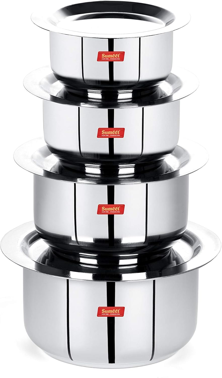 Set of 4 Stainless Steel Mini to Small Size Tope/Patila/Cookware with Lids - Induction & Gas Stove Friendly (370ML, 550ML, 800ML, 1100ML)