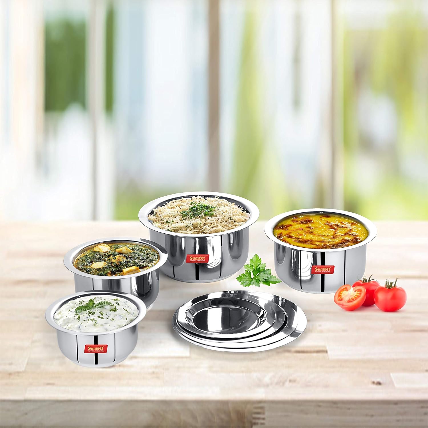 Set of 4 Stainless Steel Mini to Small Size Tope/Patila/Cookware with Lids - Induction & Gas Stove Friendly (370ML, 550ML, 800ML, 1100ML)