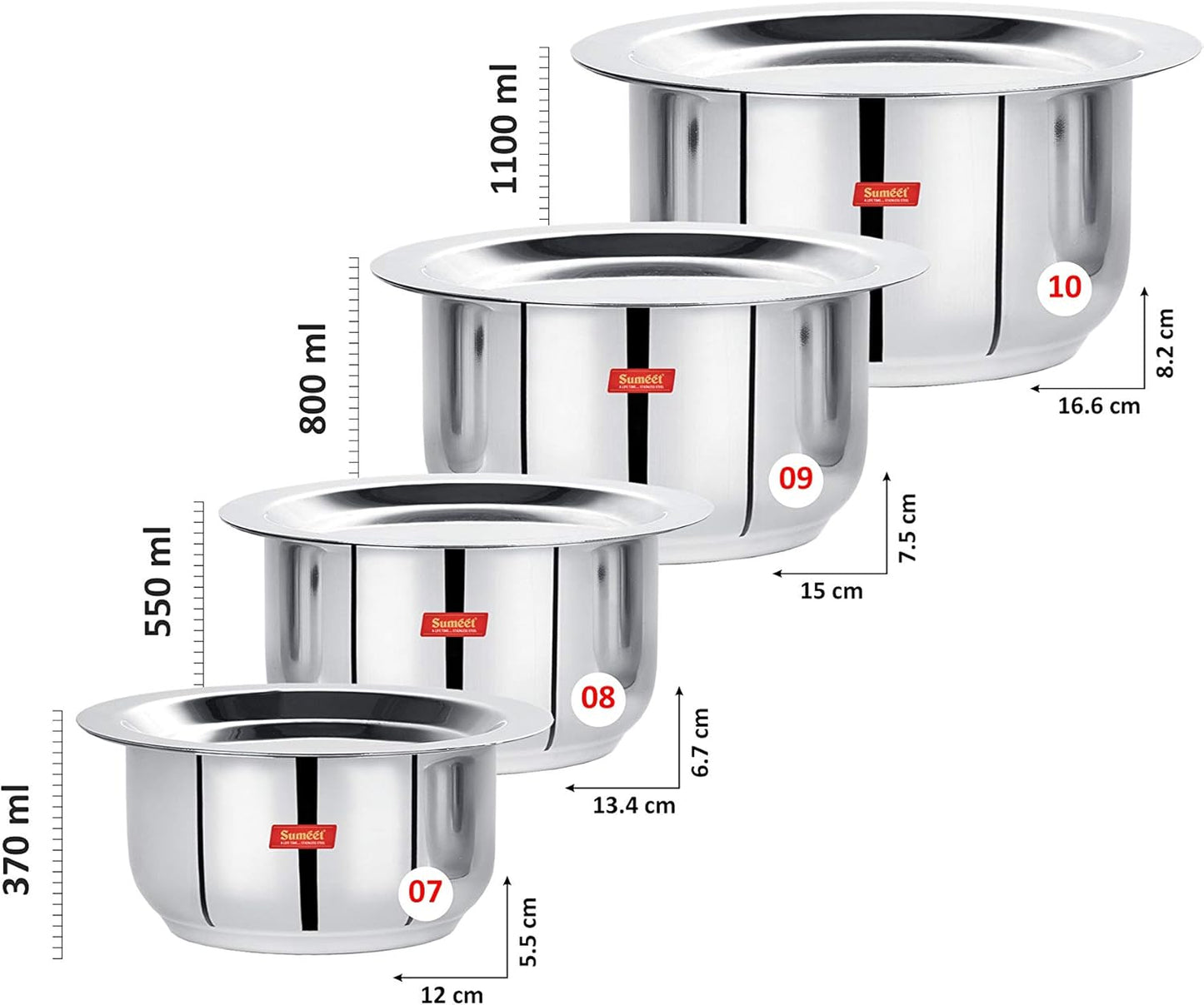 Set of 4 Stainless Steel Mini to Small Size Tope/Patila/Cookware with Lids - Induction & Gas Stove Friendly (370ML, 550ML, 800ML, 1100ML)